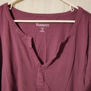 (C) Roaman's Woman's V Neck 3/4 Sleeve Burgundy Shirt 4X 34/36